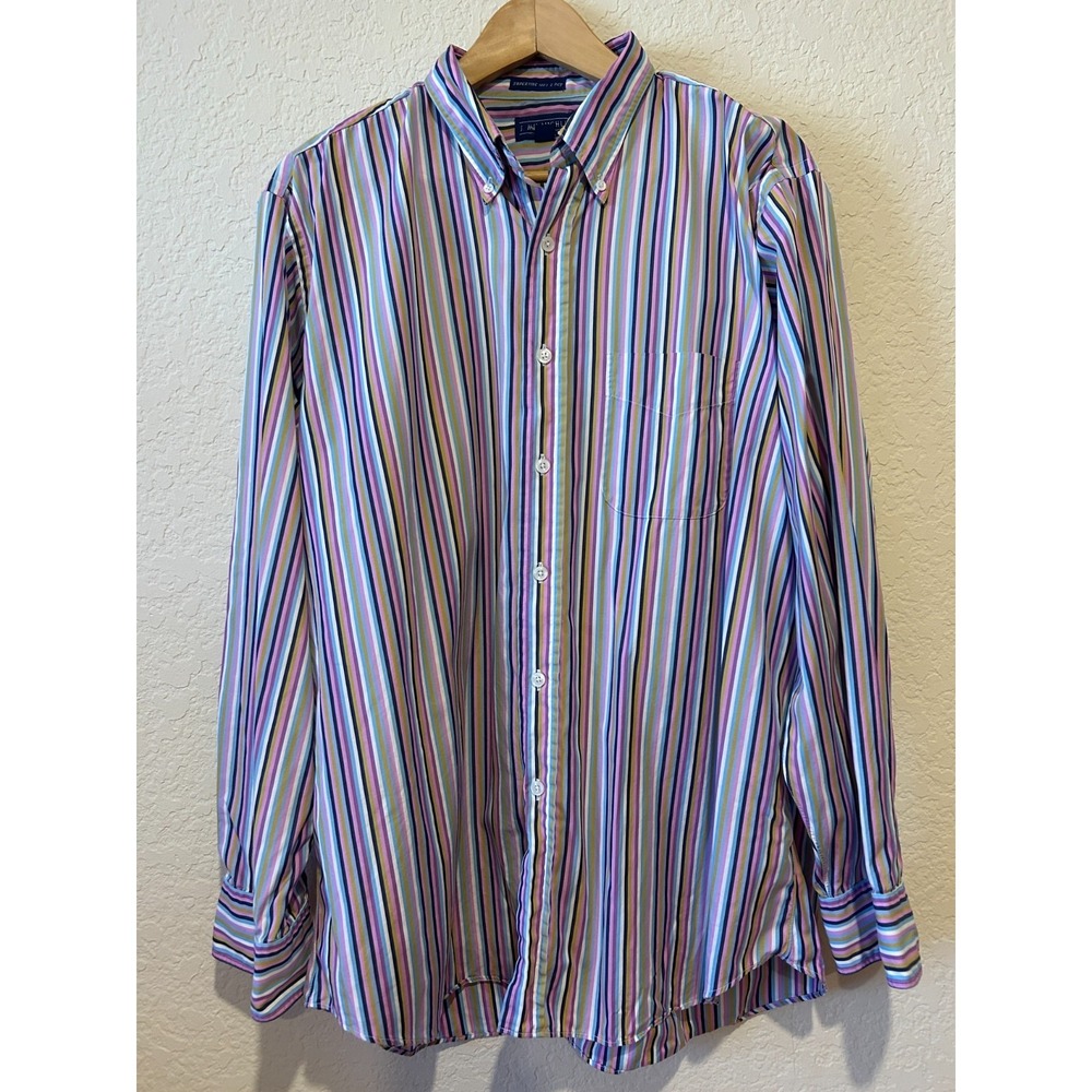 J Mclaughlin Superfine 100s Two Ply Striped Button Up Shirt Sz L USA Preppy Frat
